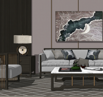 174新中式沙发茶几组合，挂饰，边几，靠垫抱枕su草图模型下载