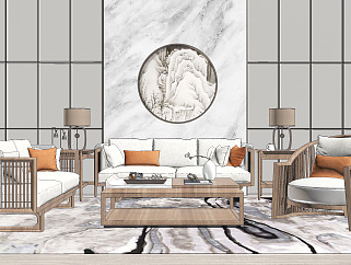 175新中式，中式实木风格组合沙发装饰品摆件 中式背景墙 单人椅 双人沙发 灯几su草图模型下载