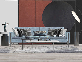 176新中式现代沙发茶几组合，落地灯，背景墙，艺术品2su草图模型下载