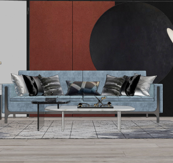 176新中式现代沙发茶几组合，落地灯，背景墙，艺术品2su草图模型下载