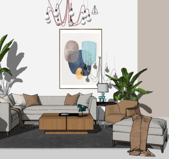 177现代布艺转角沙发组合，盆栽绿植，吊灯，茶几su草图模型下载