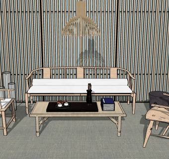 178中式禅意沙发组合，茶几，茶具，吊灯，隔断，格栅背景墙，单椅su草图模型下载