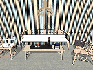 178中式禅意沙发组合，茶几，茶具，吊灯，隔断，格栅背景墙，单椅su草图模型下载