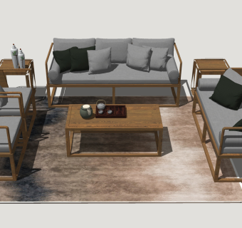 181新中式沙发茶几组合，双人沙发，单人椅su草图模型下载