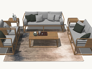 181新中式沙发茶几组合，双人沙发，单人椅su草图模型下载