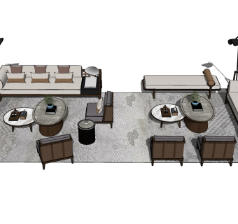 183新中式洽谈区书吧沙发茶几组合，躺椅，床榻，现代双人沙发，单人沙发su草图模型下载