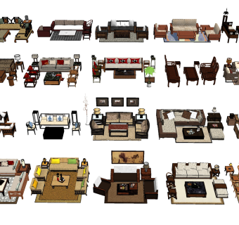 184新中式，中式古典沙发茶几组合，单椅，双人沙发，卧榻床榻，罗汉床，台灯灯几，边几su草图模型下载