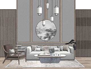 185新中式沙发茶几组合，中式背景墙，吊灯，单人椅，摆件组合，抱枕靠垫su草图模型下载