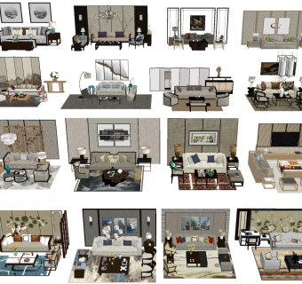 187新中式实木家具沙发茶几组合，床榻 卧榻 罗汉床 中式背景墙，雕花，屏风格栅，墙饰，摆件组合，灯几，软包花卉背景墙su草图模型下载