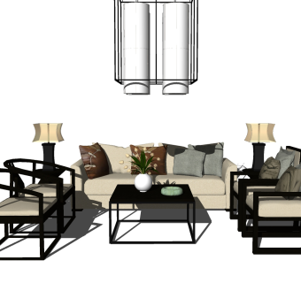 188新中式，中式古典沙发茶几组合，单椅，双人沙发，卧榻床榻，台灯灯几su草图模型下载