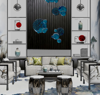 189新中式花鸟布艺沙发茶几组合，花鸟单人沙发，花鸟陶瓷鼓凳 圆凳，陶瓷陶罐摆件组合，墙饰，中式水墨画背景墙，卧榻su草图模型下载