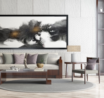 190新中式沙发茶几组合，中式背景墙，单人椅，摆件组合，陶瓷陶罐，抱枕靠垫su草图模型下载