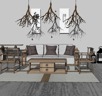 194新中式实木禅意沙发茶几组合 实木单人椅，边几摆件，树枝树杈吊灯su草图模型下载