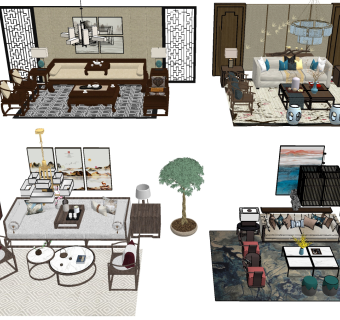 193新中式 中式古典实木沙发茶几组合，花鸟雕花背景墙，盆栽绿植床榻 卧榻，边几，摆件组合，雕花格栅 吊灯，陶瓷陶罐组合su草图模型下载