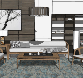 新中式实木禅意沙发茶几组合 中式轻奢沙发组合 实木单人椅，边几吊灯，书架，灯几su草图模型下载