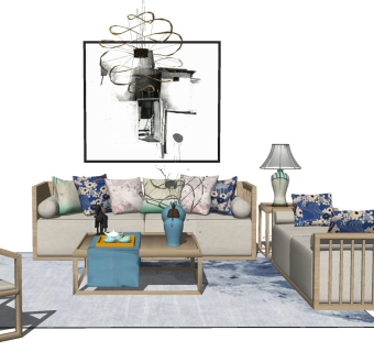 196新中式 日式产禅意实木沙发茶几组合，单人椅，双人沙发，茶具，吊灯su草图模型下载