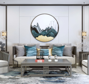 198新中式禅意沙发茶几组合，水墨山水画中式背景墙，格栅，单人椅，盆栽绿植su草图模型下载