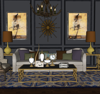 199欧式轻奢古典沙发茶几组合 单人沙发 高背椅 吊灯 墙饰 摆件su草图模型下载