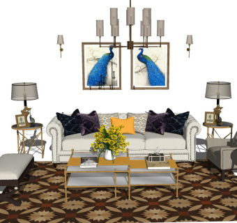 200欧式 美式沙发茶几组合，摆件组合，吊灯，台灯灯几，单人沙发su草图模型下载