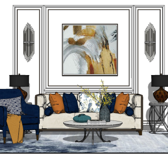 现代简欧沙发茶几组合 欧式背景墙，灯几，抱枕靠枕，单人沙发，摆件组合su草图模型下载