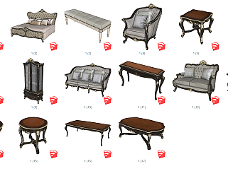 欧式古典沙发组合，单人椅，双人沙发，餐桌，边几，欧式古典床su草图模型下载