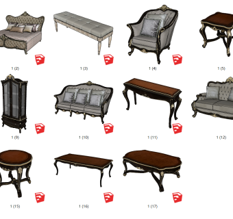 欧式古典沙发组合，单人椅，双人沙发，餐桌，边几，欧式古典床su草图模型下载