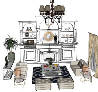 现代欧式，美式沙发茶几组合，壁炉书架，窗帘双人沙发，摆件组合，欧式吊灯su草图模型下载