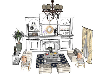 现代欧式，美式沙发茶几组合，壁炉书架，窗帘双人沙发，摆件组合，欧式吊灯su草图模型下载