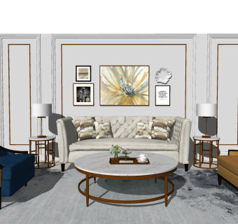 欧式轻奢沙发茶几组合，单人沙发，高背椅，欧式背景墙su草图模型下载