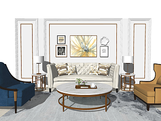 欧式轻奢沙发茶几组合，单人沙发，高背椅，欧式背景墙su草图模型下载