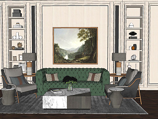 欧式古典沙发茶几组合 双人沙发 单人沙发 单人椅 茶几 摆件组合 背景墙su草图模型下载