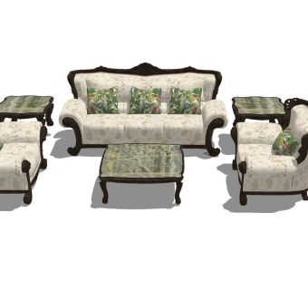 欧式古典 美式沙发茶几组合，雕花古典沙发su草图模型下载