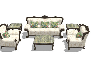 欧式古典 美式沙发茶几组合，雕花古典沙发su草图模型下载