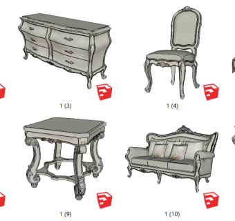 欧式古典雕花沙发，餐桌餐椅，欧式古典雕花床，装饰边柜，床尾凳 春凳su草图模型下载
