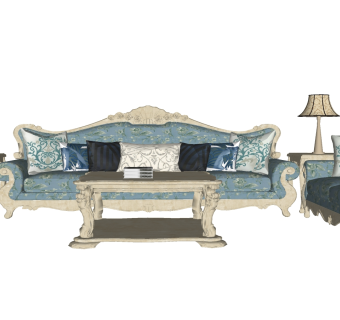 欧式古典雕花沙发茶几组合，灯几su草图模型下载