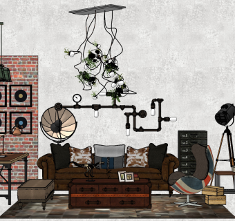 美式工业风沙发茶几组合，管道铁艺壁灯，吊灯，摄影落地灯，桌椅su草图模型下载