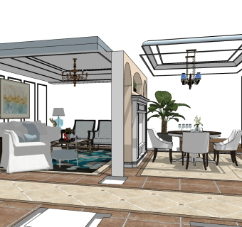 美式客餐厅家具硬装，餐桌椅组合 休闲单人沙发，沙发茶几组合su草图模型下载