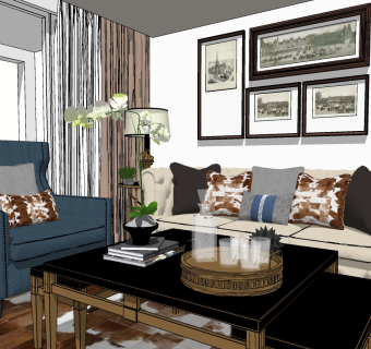 美式客厅组合，沙发茶几组合，休闲单人沙发，落地灯，摆件 靠垫su草图模型下载