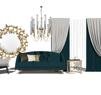 美式轻奢沙发组合，茶几 单人休闲沙发 墙饰 吊灯 圆几su草图模型下载