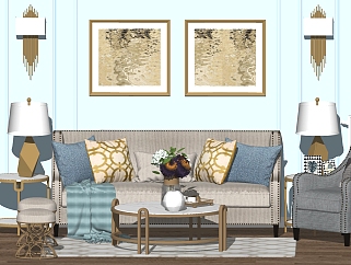 美式沙发茶几组合，铆钉沙发组合，美式单人沙发 墙饰 ...