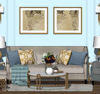 美式沙发茶几组合，铆钉沙发组合，美式单人沙发 墙饰 摆件组合，铁艺圆凳 铁艺灯几su草图模型下载