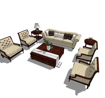 美式 欧式古典 沙发茶几组合 单人沙发 三人沙发su草图模型下载