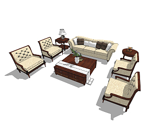 美式 欧式古典 沙发茶几组合 单人沙发 三人沙发su草图模型下载