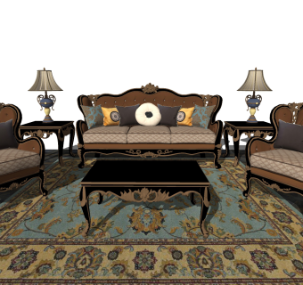 欧式法式古典雕花沙发组合 欧式古典单人椅 灯几su草图模型下载