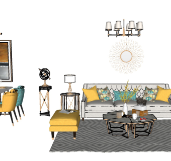 简欧 美式轻奢沙发茶几组合，餐桌椅组合 圆几 吊灯，沙发坐凳su草图模型下载