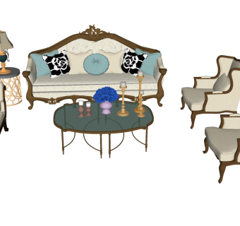 欧式古典雕花沙发组合 欧式古典单人椅 灯几su草图模型下载
