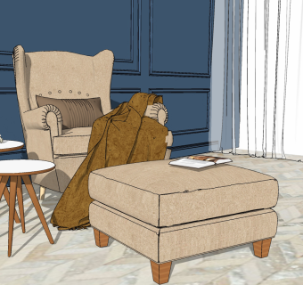 欧式古典单人沙发脚凳组合，圆几su草图模型下载