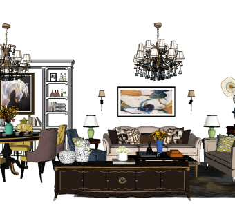 欧式风格沙发茶几组合_餐桌椅组合，布艺沙发，茶几，餐桌椅，装饰柜，吊灯组合su草图模型下载