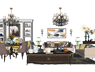 欧式风格沙发茶几组合_餐桌椅组合，布艺沙发，茶几，餐桌椅，装饰柜，吊灯组合su草图模型下载