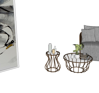 简欧轻奢单人沙发椅茶几组合 沙发椅 茶几 圆几 摆件su草图模型下载